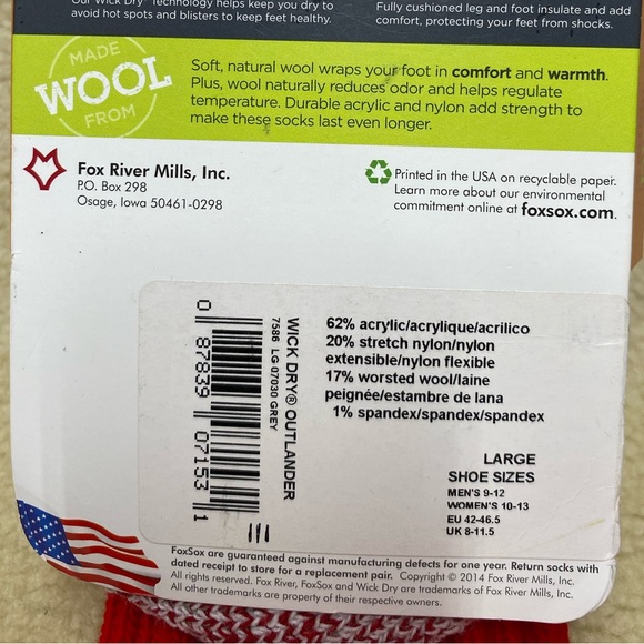 FOX RIVER Thermal Boot Socks | Heavy Weight Wool Blend | Size Large - Picture 5 of 5